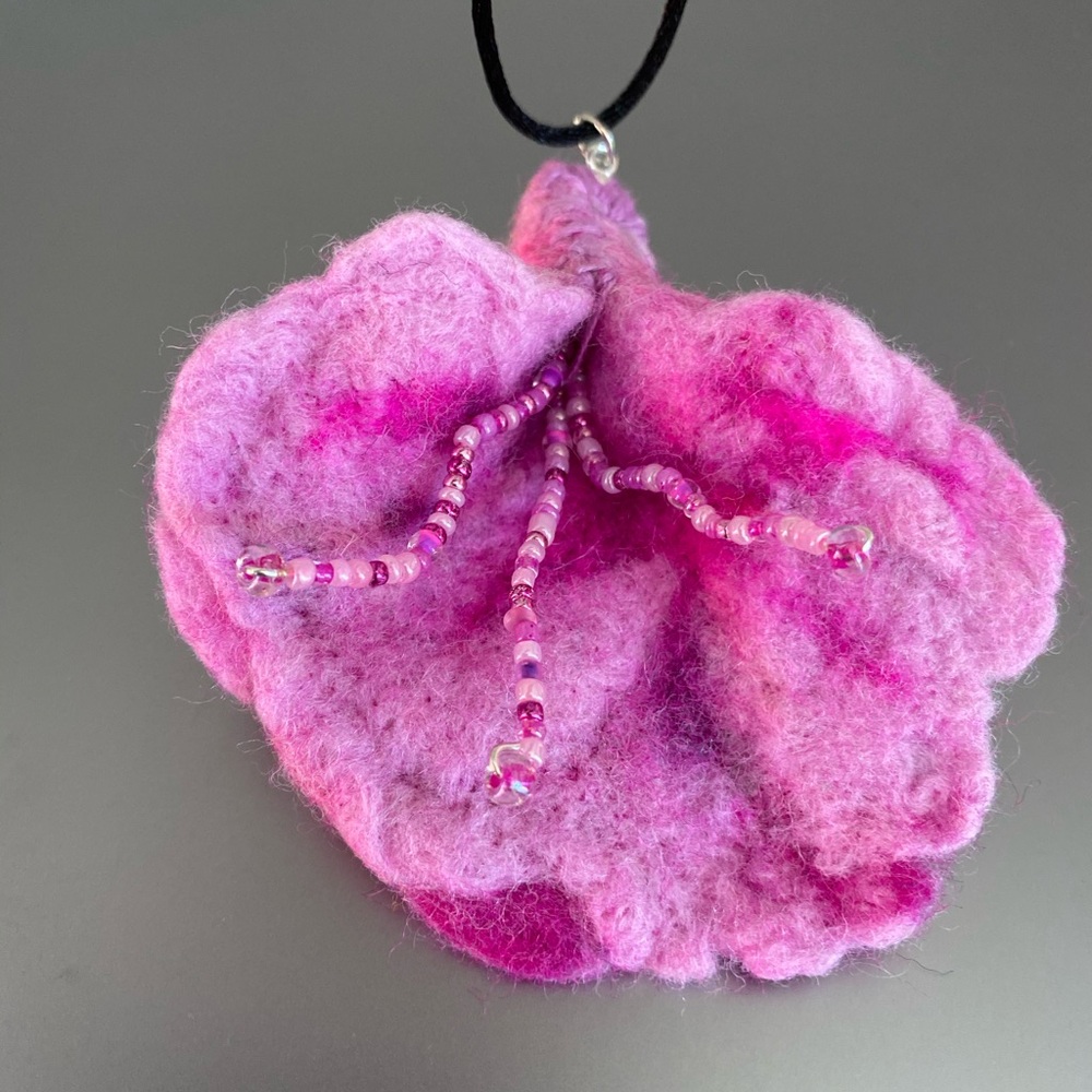 Handcrafted Pink Floral Felted Beaded Pendant Necklace
